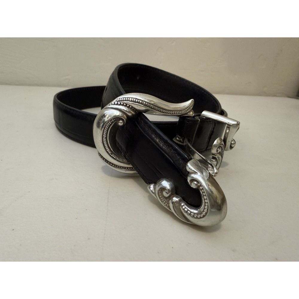 VTG Brighton‎ Western Belt Reptile Leather Silvertone Furled Buckle S 91017  31"